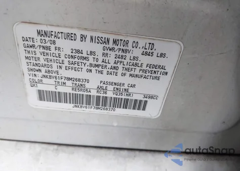 2008 Infiniti G35X из США, поврежденный, VIN JNKBV61F78M268370